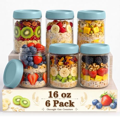 16 oz Mason Jars, 6 Pack Overnight Oats Containers with Lids for Yogurt, Parfait Cup With Lids for Breakfast, Clear Glass Jars Round for Storage, Sugar, Prep Meal, Food, Pudding, Home, Blue - color: Blue