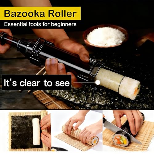Sushi Making Kit – Clear Sushi Bazooka Roller & Bamboo Sushi Rolling Mat, Easy DIY Sushi Maker Tool Set for Beginners, Homemade Sushi Rolls for Kitchen & Party (Clear Black) - color: Clear Black