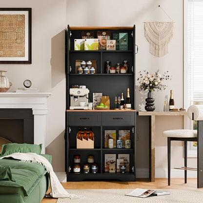 Cozy Castle Pantry Cabinet, Farmhouse Kitchen Hutch Cabinet with Storage Drawers Freestanding Coffee Bar Liquor Sideboard Large Countertop Cupboard for Dining Room, Living Room, 71'' Tall Black