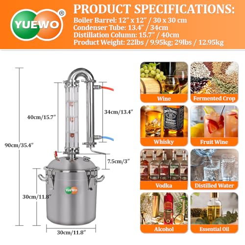 YUEWO Alcohol Still 5.8GAL/13.2GAL Stainless Steel Alcohol Distiller Home Brewing Distillery Kit with 2” Crystal Still Column for DIY Whisky Wine Brandy Gin Vodka Alcohol Making - size: CT02-13.2GAL/50L