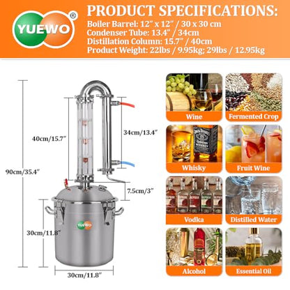 YUEWO Alcohol Still 5.8GAL/13.2GAL Stainless Steel Alcohol Distiller Home Brewing Distillery Kit with 2” Crystal Still Column for DIY Whisky Wine Brandy Gin Vodka Alcohol Making - size: CT02-13.2GAL/50L