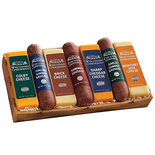 Wisconsin Cheeseman Meat & Cheese Combo Gift Basket Set | Italian, Original & Garlic Summer Sausages, Colby, Brick, Sharp Cheddar & Monterey, Charcuterie Boards Fathers Day