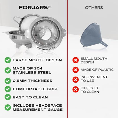FORJARS Canning Funnel Set - with Strainer for Wide and Regular Mason Jars and Food Funnels for Transferring Oils - Durable, Small, Stainless Steel Kitchen Funnel Set - Canning Supplies Kit