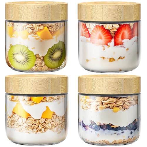 4 Pack 10oz Overnight Oats Containers with Bamboo Lids, Glass Jars with Airtight Lids for Meal Prep, Wide Mouth Mason Salad Jars, Glass Food Storage Container for Yogurt Chia Snacks Spice Sugar - color: 10oz 4 Pack