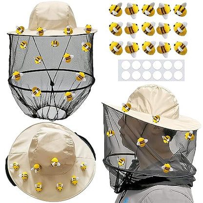 54Pcs Beekeeper hat Set Including 2Pcs Bee Keeper Hats, 12Pcs Wool Felt Bee, Round Double Sided Tape,Bee Keeper Costume Helmet Bug Insect Hats with Netting for Beekeeper Halloween Costume Adult