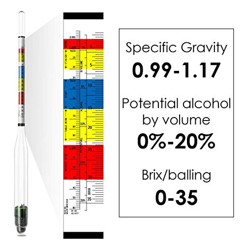 Hydrometer and Test Jar for Wine, Beer and Kombucha - Including 250ml Plastic Cylinder, Cleaning Brush and ABV Storage Bag