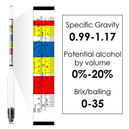 Hydrometer and Test Jar for Wine, Beer and Kombucha - Including 250ml Plastic Cylinder, Cleaning Brush and ABV Storage Bag