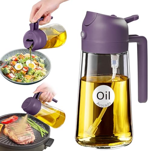 YARRAMATE 16oz/470ml Glass Olive Oil Sprayer for Cooking with Stickers, 2 in 1 Oil Dispenser for Kitchen Gadgets, Food Grade Premium Spray Bottle with Portion Control for Salad, BBQ (Purple) - color: 08_1Pc Purple