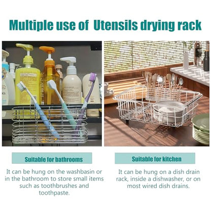 NiuYichee 304 Stainless Steel Utensil Holder, Dish Drying Rack, kitchen Utensil Organizer, Knife and Fork Drainage Rack, Kitchen Drainage Basket Accessories, With Hooks, Rust Proof, Color-Silver