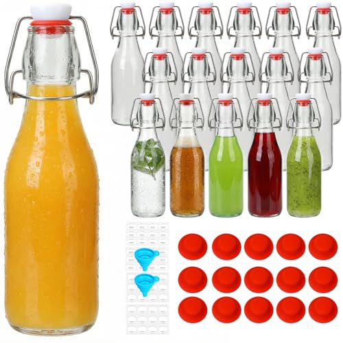 16 Pack 8oz Glass Swing Top Bottles with Airtight Lids | Grolsch Style Flip Top Caps & Rubber Seals for Home Brewing Beer, Kombucha, Kefir, Iced Tea, Juice, Oil & Vinegar Storage