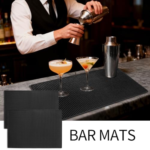 2 Pack Rubber Bar Mats for Countertop, 18" x 12" Dish Drying Spill Mat, Coffee Bar Mats Accessories for Cocktail Service in Bartending, Home, Kitchen, Restaurants, Black