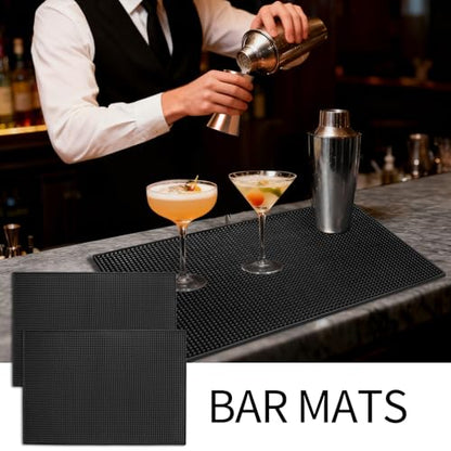 2 Pack Rubber Bar Mats for Countertop, 18" x 12" Dish Drying Spill Mat, Coffee Bar Mats Accessories for Cocktail Service in Bartending, Home, Kitchen, Restaurants, Black