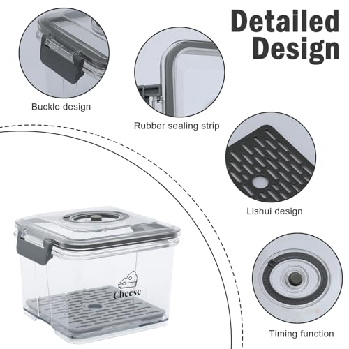 Cheese Container for Refrigerator,Cheese Keeper with Draining Basket and Time Recording,Cream Block Shredded Cheeses Storage Box,Sliced,Grated,Cheddar Cheeses Box For Fridge,kitchen Organizer