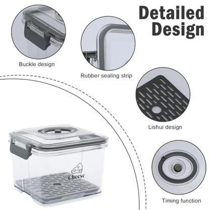 Cheese Container for Refrigerator,Cheese Keeper with Draining Basket and Time Recording,Cream Block Shredded Cheeses Storage Box,Sliced,Grated,Cheddar Cheeses Box For Fridge,kitchen Organizer