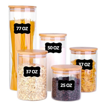 Glass Food Storage Jars, Food Containers with Airtight Bamboo Lids for Pasta, Cookies, Nuts, Coffee Beans, Cereal, Glass Canisters for Kitchen, Pantry Organization,Set of 5 - size: 77oz&37oz*2&50oz&25oz-Set of 5