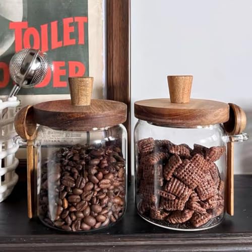 ANSQU Glass Jar with Spoon, 13.5oz Coffee Jar Coffee Grounds Container | Coffee Canister holds up to 5oz Coffee Beans, Coffee Container with Wooden Lid, Cute Jar - size: 13.5oz-1pack (φ3.54")