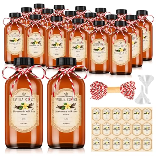 KEYWING 18 Pack 8oz Amber Glass Boston Round Bottles with Airtight Poly Cone Caps, Perfect Dispensing Bottles for Homemade Vanilla Extract, Syrups, Essential Oils, Holiday & Christmas Gift