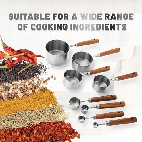 Measuring Cups and Spoons Set,Premium Stainless Steel Measuring Cups and Spoons Set with Wood Handle, 8-Pieces Kitchen Essentials for Baking, Coffee with Ergonomic Grip & Engraved Markings(Silver8) - color: Silver8