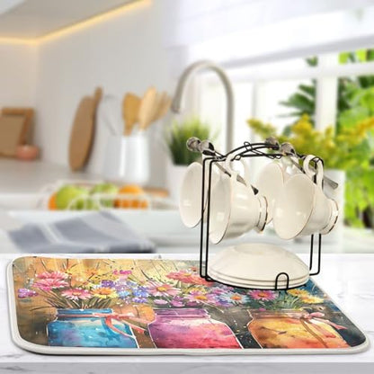Absorbent Dish Drying Mats, Colorful Mason Jars Spring Flowers Quick Drying Coffee Bar Mat, Reversible Dish Draining Mat Kitchen Countertop Mat, 18 x 24 Inch - size: 18x24in