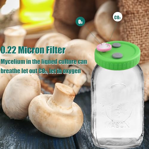 10 Pcs Mushroom Liquid Culture Lids for Wide Mouth Mason Jar with 0.22um PTFE Filter & Self-healing Rubber Stopper, Cultivation Mason Jar Cap for Mushroom Grow