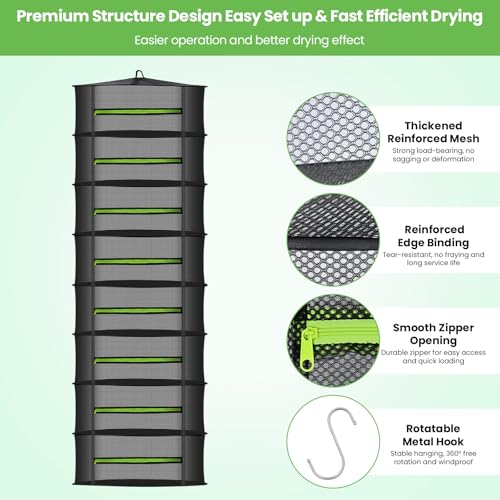 MEKOLIFE Herb Drying Rack Hanging-8 Layer, Collapsible Large Capacity Mesh Net with Green Zipper, Hooks & Bonus Garden Scissors, for Fresh Herbs/Flowers/Plants, Indoor Outdoor Use (23.62") - size: 8 Layers