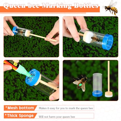 Qualirey 15 Pcs Queen Bee Marking Kit with 8 Pens 2 Bottles and 5 Plastic Cage Clips for Queen Bee Marking Beekeepers, Beekeeping Supplies