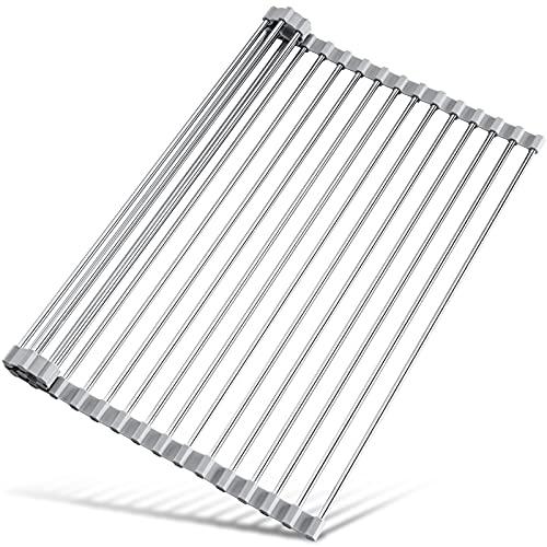 Tomorotec 17.7" x 15.5" Roll Up Dish Drying Rack Over Sink Drying Rack Sink Cover Kitchen Sink Accessories Gadget Multipurpose Organizer Foldable Stainless Steel Drainer (Grey) - color: Gray, size: 17.7 x 15.5 in