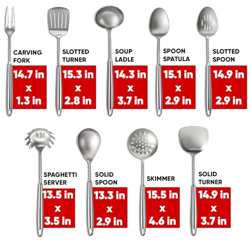 Newness 9 Pcs Cooking Utensils Set, 304 Stainless Steel Kitchen Utensils Set, Metal Kitchen Accessories, Include Soup Ladle, Slotted Skimmer Spoon, Spaghetti Spoon and Spatula, Dishwasher Safe - size: 9 PCS Cooking Utensils Set