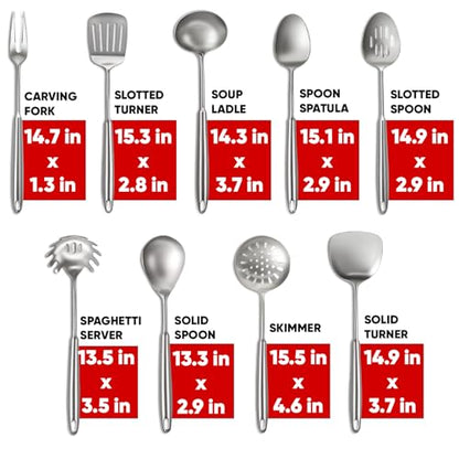 Newness 9 Pcs Cooking Utensils Set, 304 Stainless Steel Kitchen Utensils Set, Metal Kitchen Accessories, Include Soup Ladle, Slotted Skimmer Spoon, Spaghetti Spoon and Spatula, Dishwasher Safe - size: 9 PCS Cooking Utensils Set