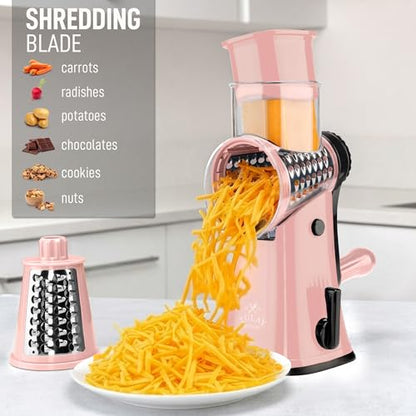 Zulay Kitchen Rotary Cheese Grater 5 Blade Cheese Shredder - Manual Hand Crank Cheese Grater With Reinforced Suction & 5 Interchangeable Drums - Easy to Use, Vegetable Chopper Round Mandoline Slicer - color: Peach & Black