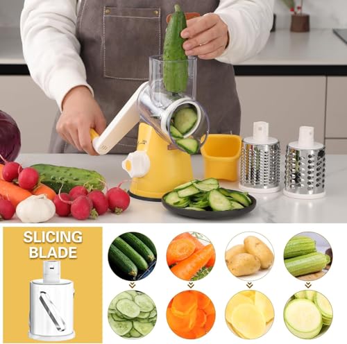Cambom Rotary Cheese Grater Hand Crank Cheese Shredder for Fresh Cheese, Vegetable, Nuts,Non-slip Suction Base, Free Cleaning Brush Three Blades,Yellow - color: Yellow, size: 3 BLADES