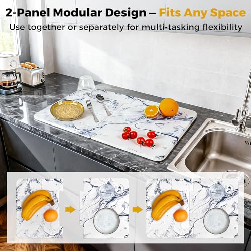 Stone Dish Drying Mat for Kitchen Counter, Large 24" x 16" Quick Drying Diatomaceous Earth 2-Panel Countertop Mat, Heat-Resistant Kitchen Stone Drying Mat