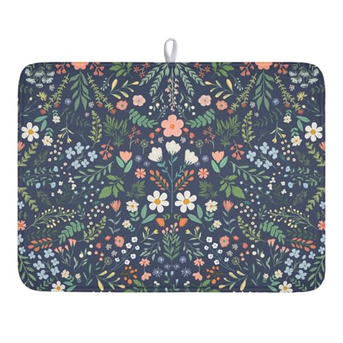 Floral Dish Drying Mat for Kitchen Counter Rustic Flower Leaves Print Microfiber Dish Drainer Mat Farmhouse Floral Absorbent Washable Drying Pad Extra Large 18"x24" - color: Rustic Floral, size: 24" x 18"