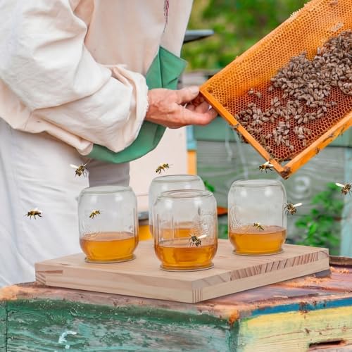 Rtteri 1 Pcs Bee Feeders for Hives with 4 Lids Wooden Honey Mason Jar Beehive Entrance Feeder for Beekeeping Bee Drinking Tools with Lids Drilled Feeding Sugar Syrup or Water (Jars Not Provided) - color: 4 Lids