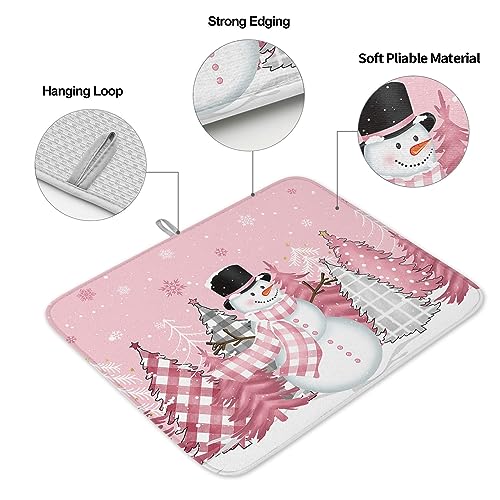 Pink Snowman Christmas Dish Drying Mat for Kitchen Counter, Microfiber Rack Pads, Winter Snowflake Pink Grey Xmas Tree Absorbent Dish Bottle Drying Mat, 16''x18'', 1 Pack - size: 1PCS-16x18in