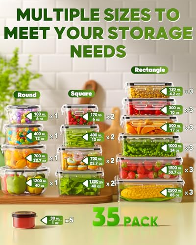 KEMETHY 70 PCS Food Storage Containers with Lids(35 Containers & 35 Lids), BPA-Free Plastic Food Containers for Kitchen Storage, Leak Proof, Reusable Meal Prep Containers with Labels & Pen - color: 70 PCS