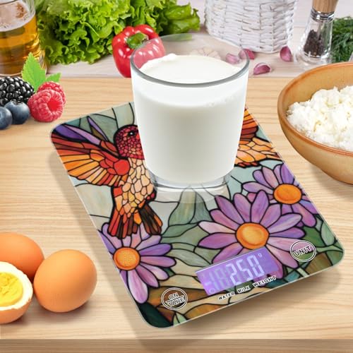 Brown Hummingbirds Purple Daisy Stained Glass Food Scale Kitchen Digital Scale Food Ounces and Grams Dieting Baking Cooking Waterproof Glass Panels LCD Display,4 Units Tare Function - color: brown humming birds purple daisy stained glass