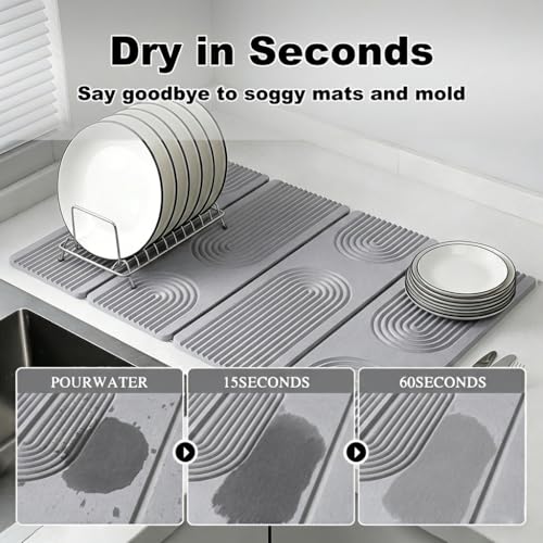 Large Stone Dish Drying Mat for Kitchen Counter,Collapsable Stone Dish Drying Mat with Diatomaceous Earth for Quick Drying-Ultra Absorbent-Eco-Friendly,Foldable -23.6"×15.7" Light Gray Curved Grooves - color: HXDK-Light Gray