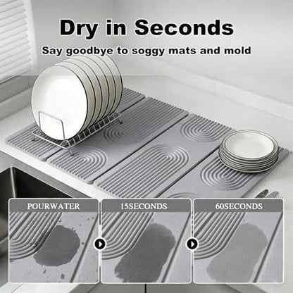 Large Stone Dish Drying Mat for Kitchen Counter,Collapsable Stone Dish Drying Mat with Diatomaceous Earth for Quick Drying-Ultra Absorbent-Eco-Friendly,Foldable -23.6"×15.7" Light Gray Curved Grooves - color: HXDK-Light Gray