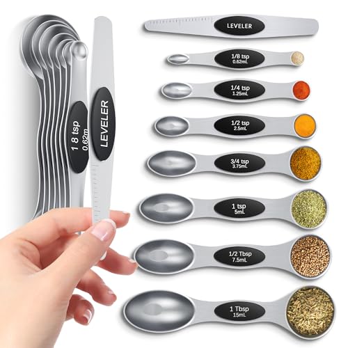 Magnetic Measuring Spoons Set with Strong N45 Magnets, Heavy Duty Stainless Steel Metal, Fits in Most Kitchen Spice Jars for Baking & Cooking, BPA Free, Multicolor, Set of 8 with Leveler（Black) - color: Magnetic Measuring Spoons Set Black