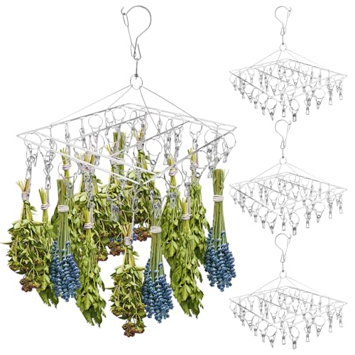 4-Pack Herb Drying Rack, Space Saving 40 Clips Stainless Steel Herb Drying Rack Hanging for Fresh Herbs, Flowers & Tea, Rustproof Over-the-Sink or Wall Mount for Garden, Kitchen & Craft Room