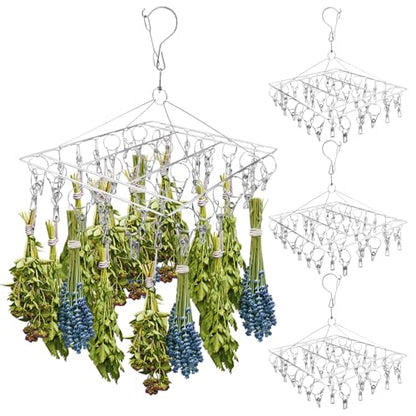 4-Pack Herb Drying Rack, Space Saving 40 Clips Stainless Steel Herb Drying Rack Hanging for Fresh Herbs, Flowers & Tea, Rustproof Over-the-Sink or Wall Mount for Garden, Kitchen & Craft Room