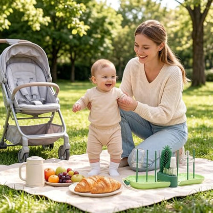 Travel Baby Bottle Brush Kit with Case, 6-in-1 Portable Bottle Cleaning Set for Baby Bottles, Nipples, Straws and Breast Pump Parts, Includes Drying Rack and Soap Dispenser, Green