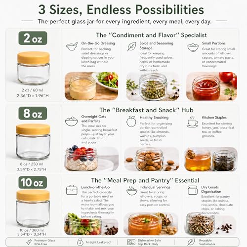 EONJOE 2 oz Glass Dressing Containers With Lids, Sauce Jars for Lunch, 6pk | Airtight ,BPA Free,Perfect for salad dressing sauce dip condiment to go lunch box Accessories , Dishwansher safe - size: 2oz