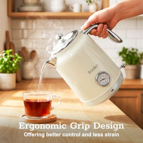 Trisiko® Electric Kettle with Thermometer, 1.7L / 57 oz White Electric Tea Kettle, 1200W Hot Water Kettle with Auto Shutoff, Boil-Dry Protection, 360-degree Cordless Base for Coffee and Tea