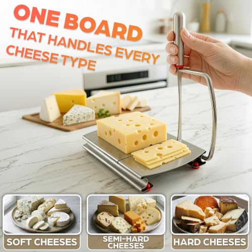 Stainless Steel Cheese Slicer for Block Cheese with Blade & Locking Design - Multipurpose Manual Cheese Cutter Board 9.92 x 8.27 x 1.18 in for Slicing Butter, Vegetables, Fruits, Snacks & Deli Foods