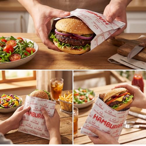 ZENFUN 200 Pack Hamburger Wrappers, Foil Hamburger Sleeves, Grease Resistant Hamburger Bags Bulk, BPA Free Cheeseburgers Wrappers for Snack Bars, Food Truck, Take Out, Concession Stand, Christmas