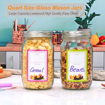 32 oz Wide Mouth Mason Jars, Clear Glass Mason Jars with Lids and Bands, 12 Pack Quart Size Canning Jars with Metal and Plastic Lids for Preserving, Meal Prep, Fermenting, Jam