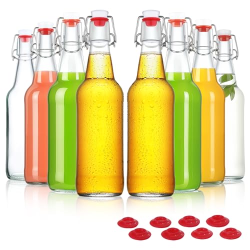 YEBODA Swing Top Glass Bottles 16oz Flip Top Beer Brewing Bottle with Stopper for Home Brewing 2nd Fermentation,Kombucha,Kefir,Vanilla Extract,Juice,Tea,Beverages,Soda,Oil,Vinegar,Limoncello, 8 Pack