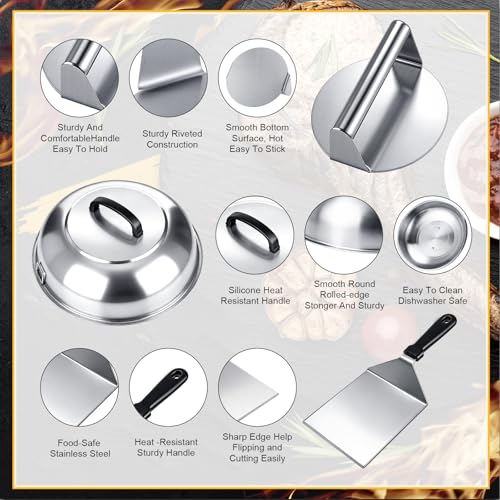 3 Pcs Smash Burger Kit 12" Cheese Melting Cover and 8.5" Burger Press with Grill Spatula Basting Cover, Stainless Steel Hamburger Turner, Melting Dome, Accessories Kit for BBQ Kitchen